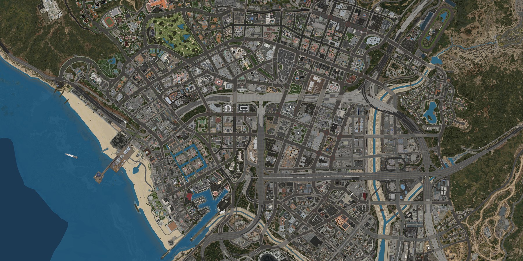 Los Santos from above: downtown and the coast